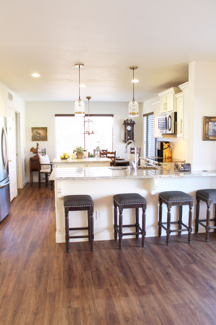 Full view of kitchen and breakfast area